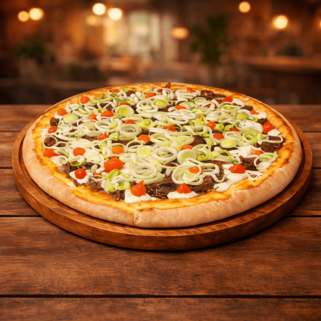 Pizza Costela Especial com costela desfiada, catupiry, pimenta biquinho e alho-poro sobre tabua de madeira